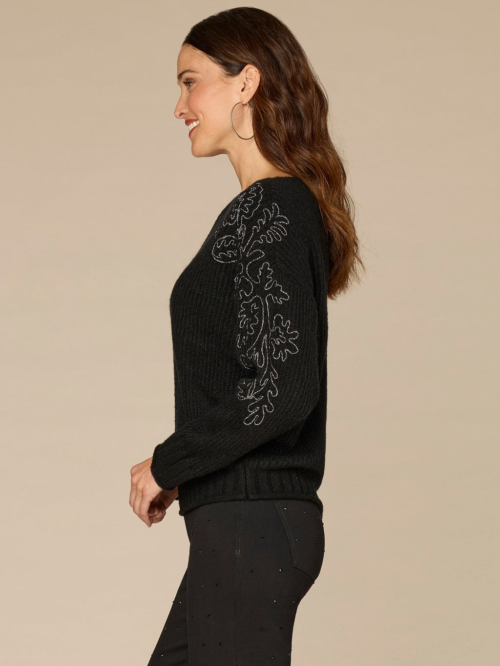 Long Sleeve Boat Neck Embroidered Shoulder Pull Over Sweater