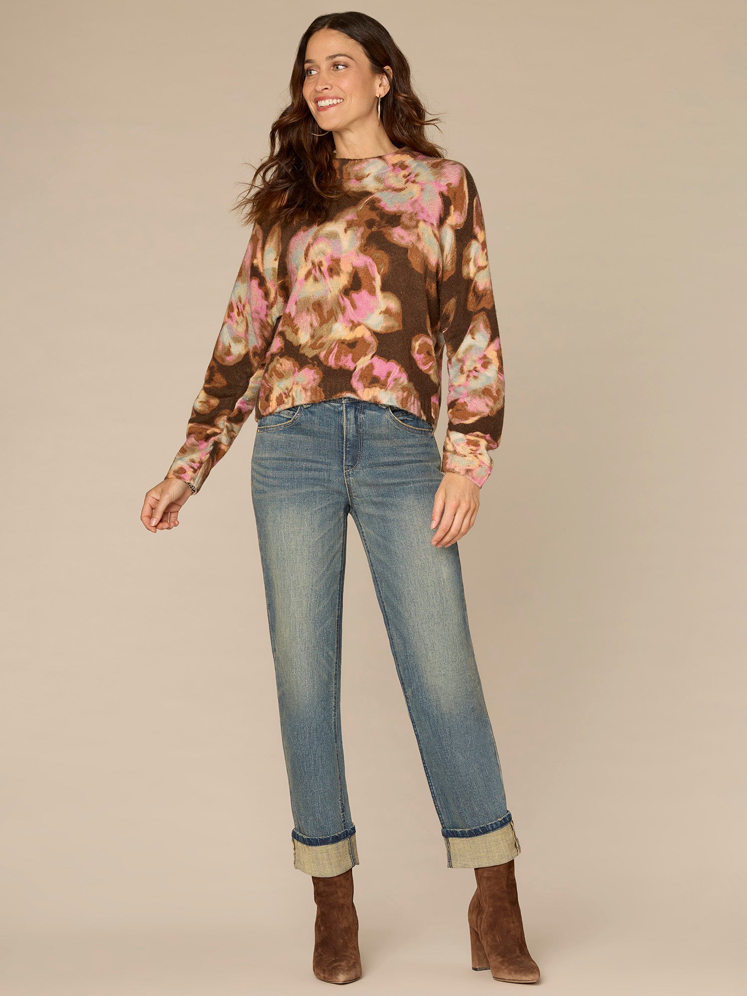 Long Ruched Sleeve Round Mock Neck Abstract Floral Print Sweater