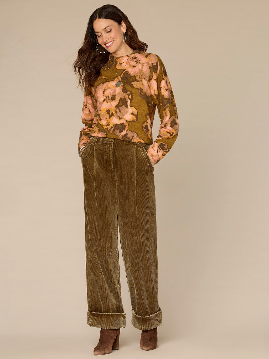 Long Ruched Sleeve Round Mock Neck Abstract Floral Print Sweater