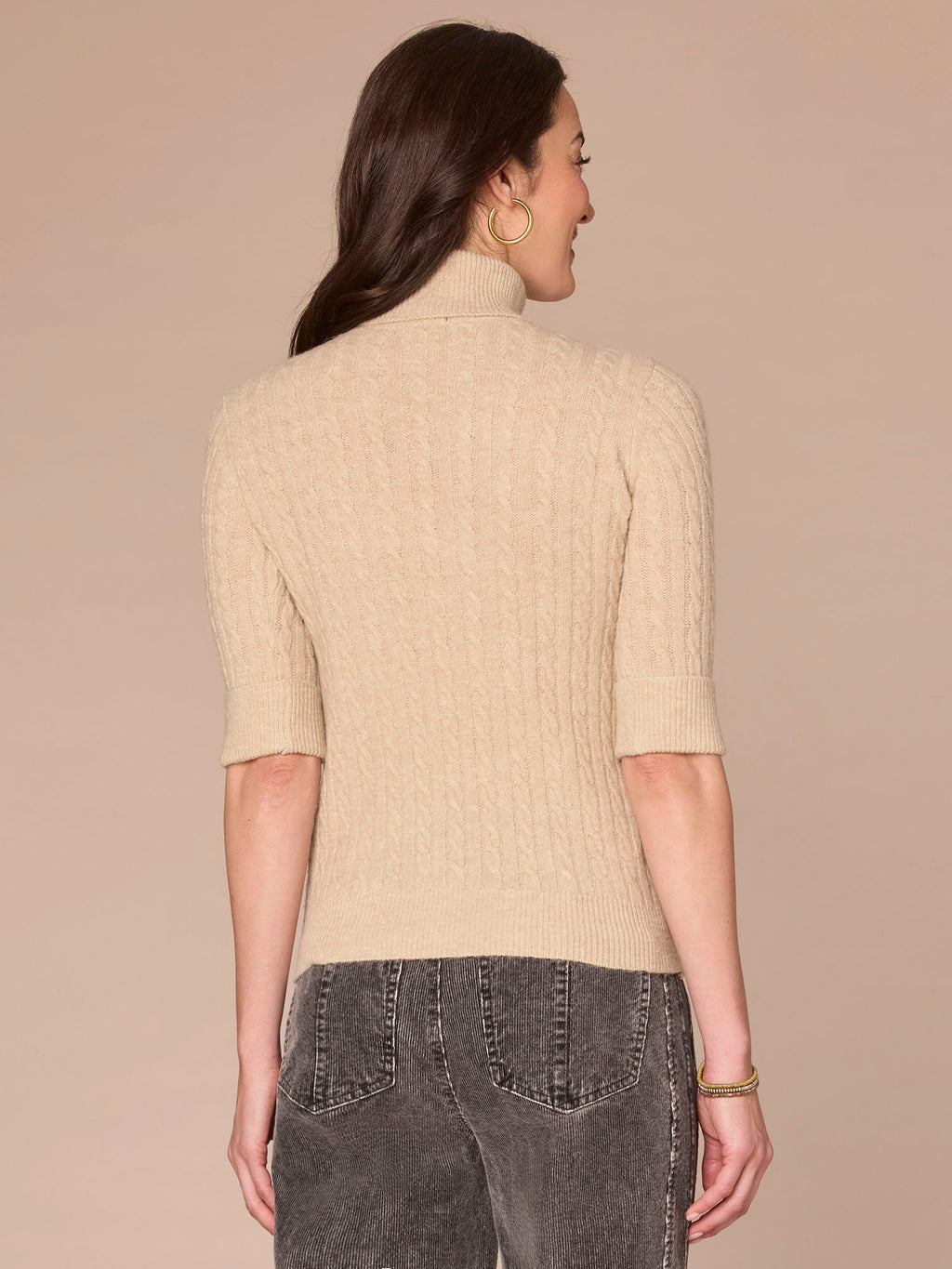 Cuffed Elbow Sleeve Turtle Neck Cable Stitch Mix Sweater