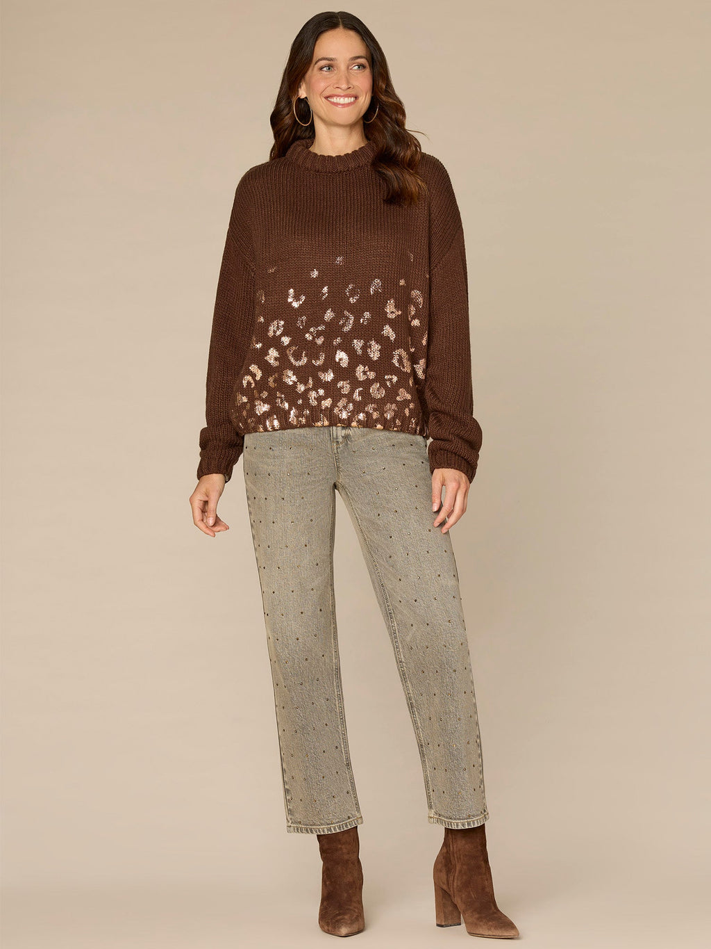 Ruched Sleeve Round Double Layer Neck Sweater with Ombre Foil Print