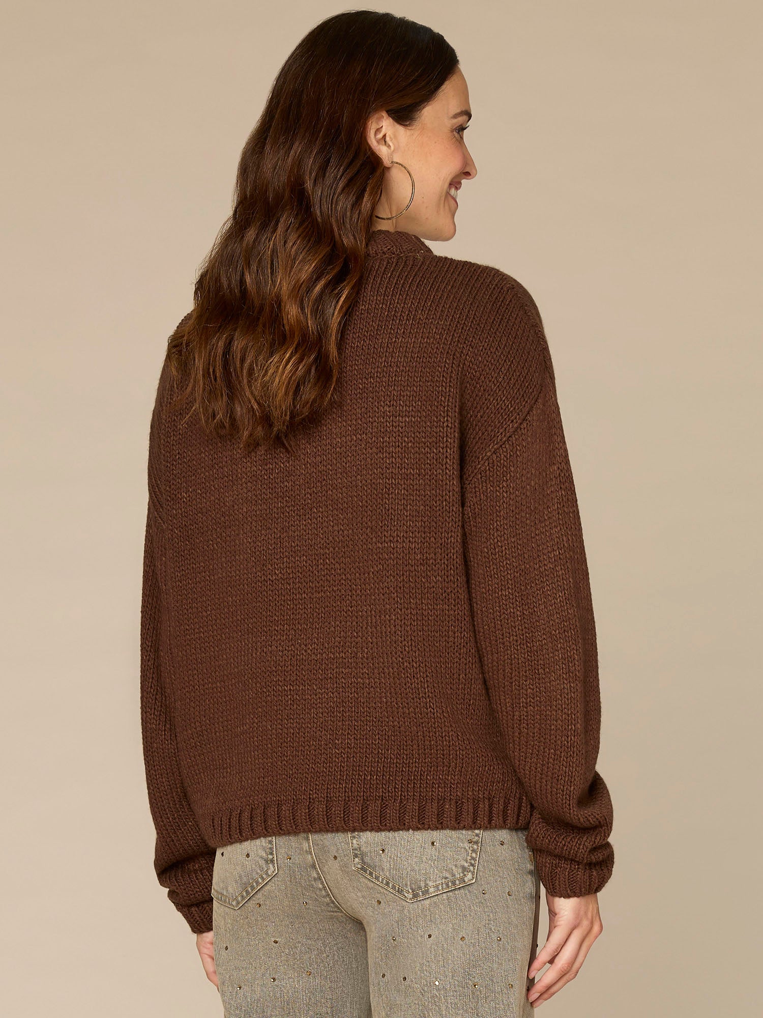 Ruched Sleeve Round Double Layer Neck Sweater with Ombre Foil Print