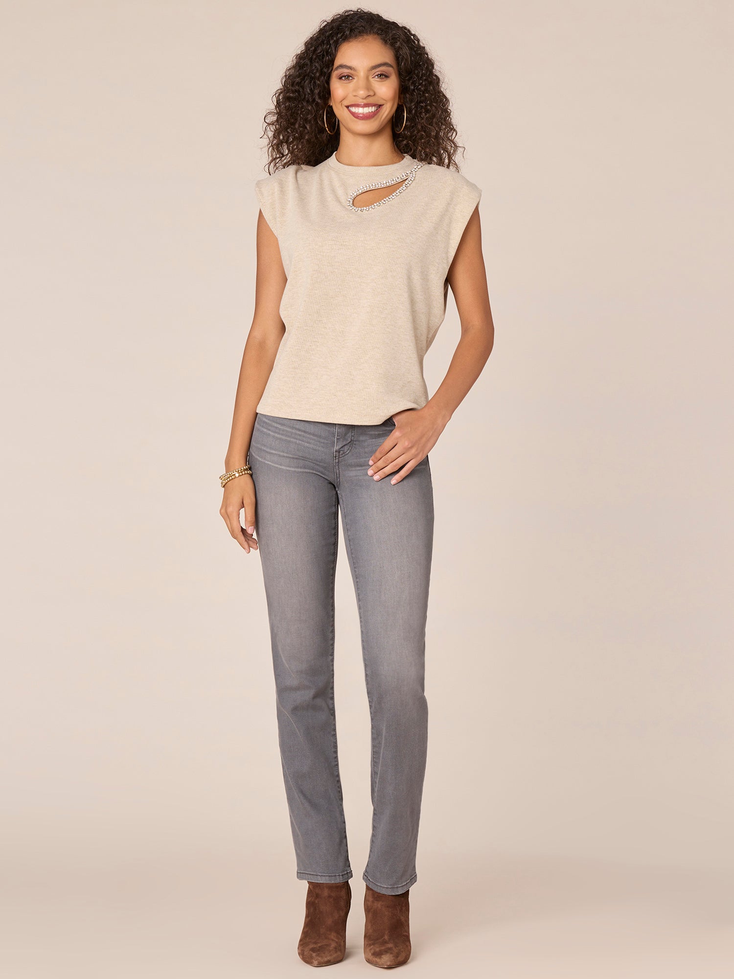 Extended Cap Sleeve Crew Neck Knit Top with Rhinestone Cut Out