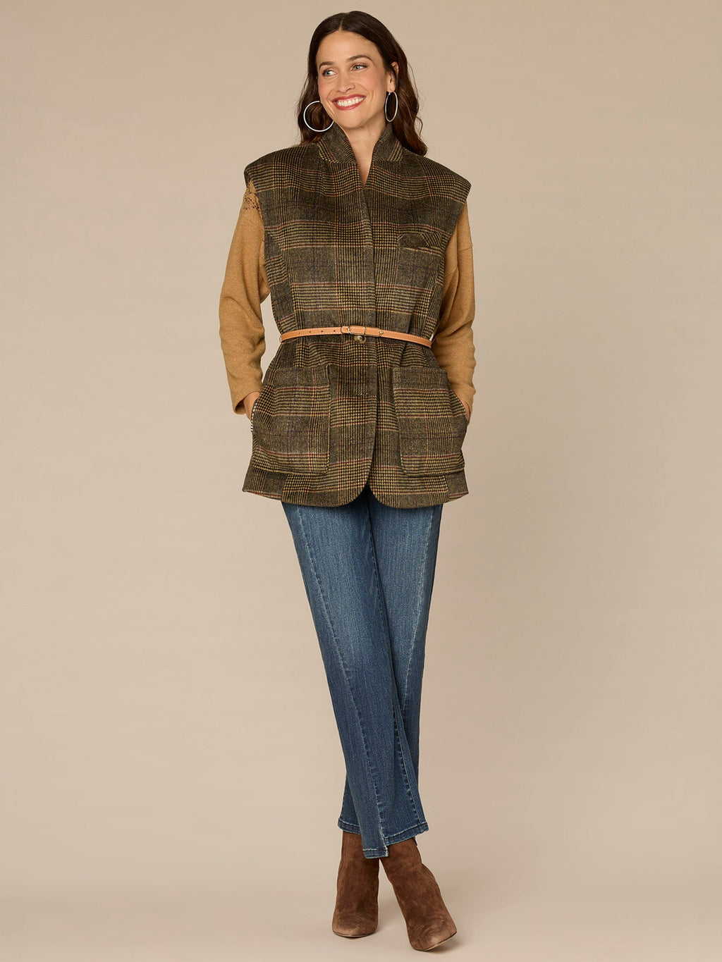 Cap Sleeve Stand Collar Button Front Elongated Woven Vest with Belt