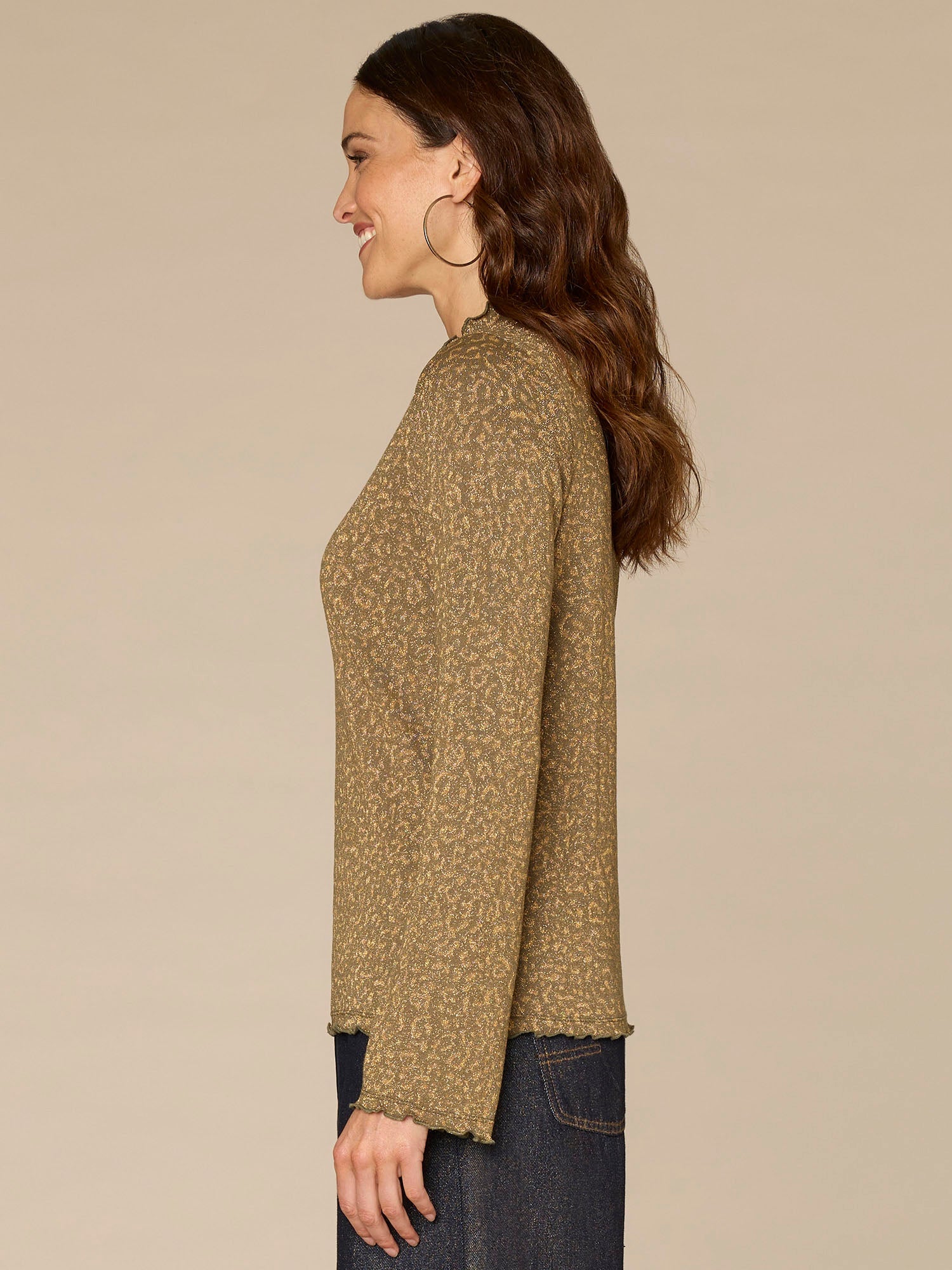 Long Bell Sleeve Mock Neck Knit Top with Lettuce Edge Detail