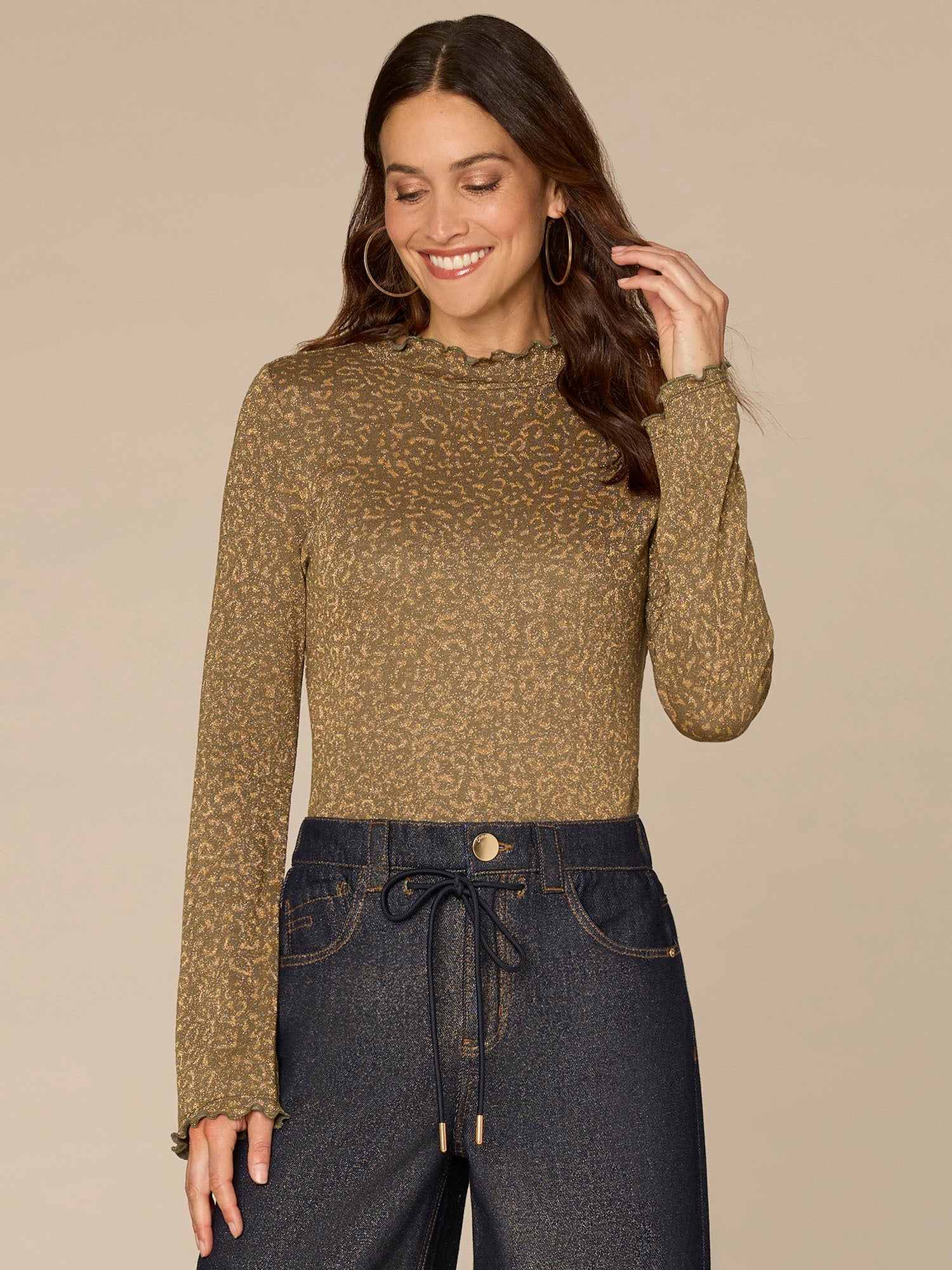 Long Bell Sleeve Mock Neck Knit Top with Lettuce Edge Detail