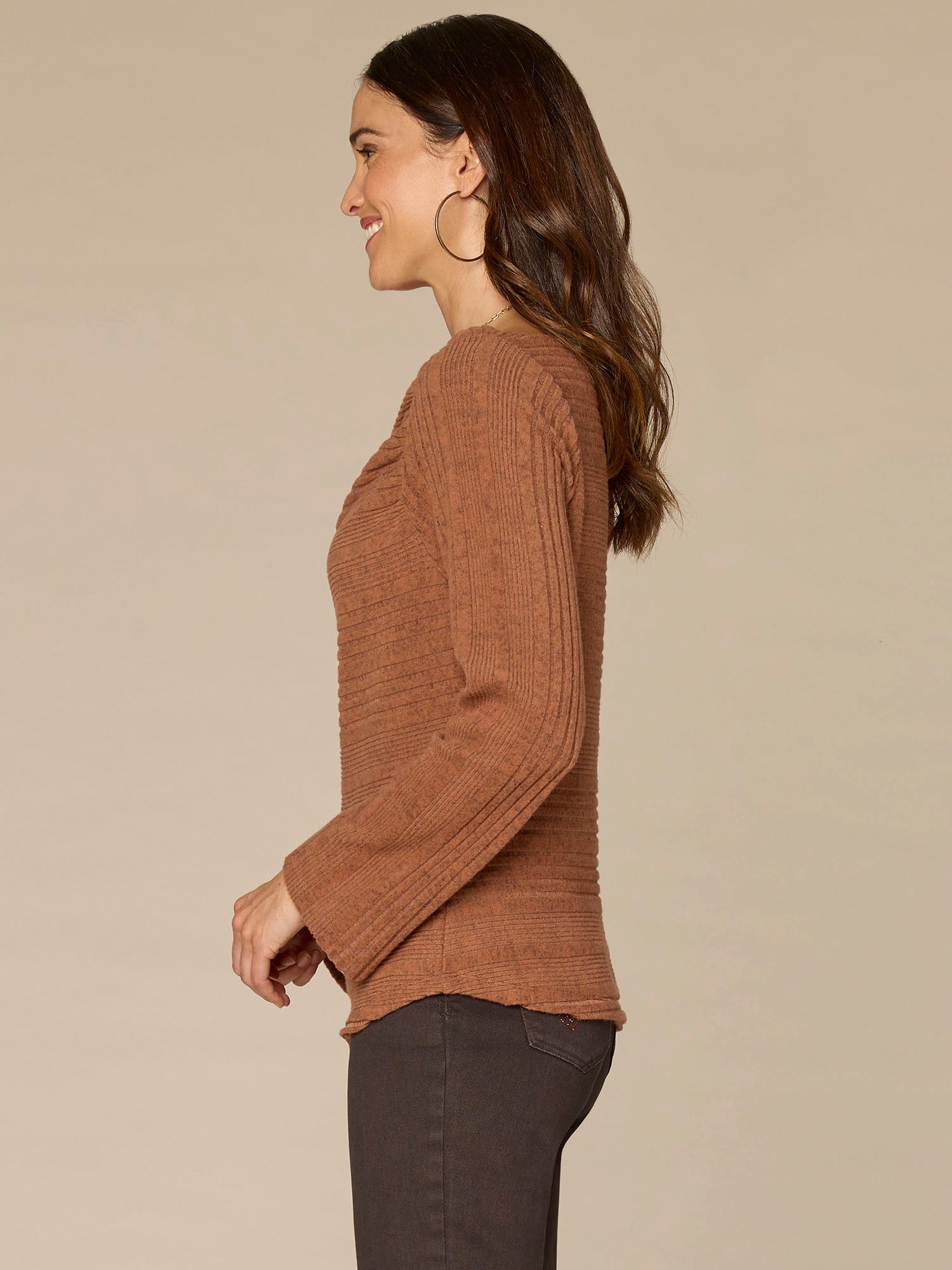 Long Sleeve Drapey Boat Neck Shirttail Hem Knit Top