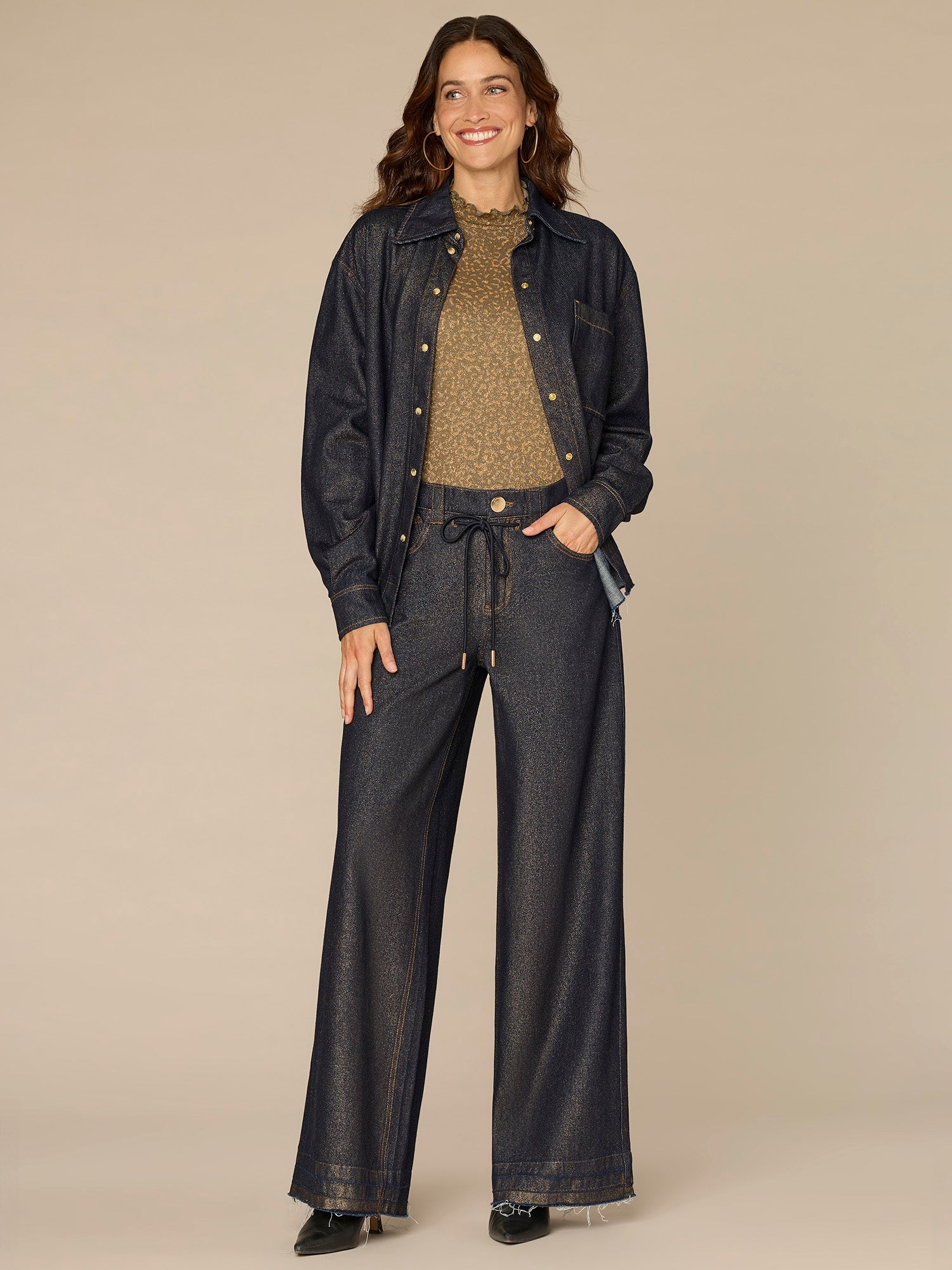 Long Sleeve Snap Button Release Hem Denim Shacket with Patch Pocket