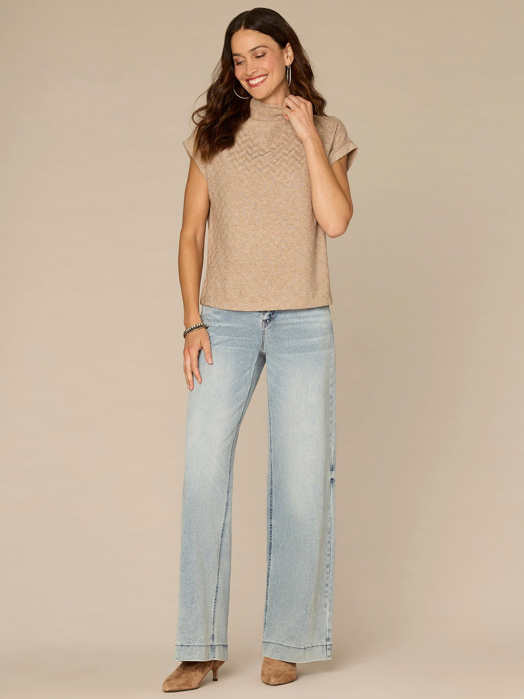 Extended Cap Sleeve Mock Neck Slit Hem Mixed Media Knit Top