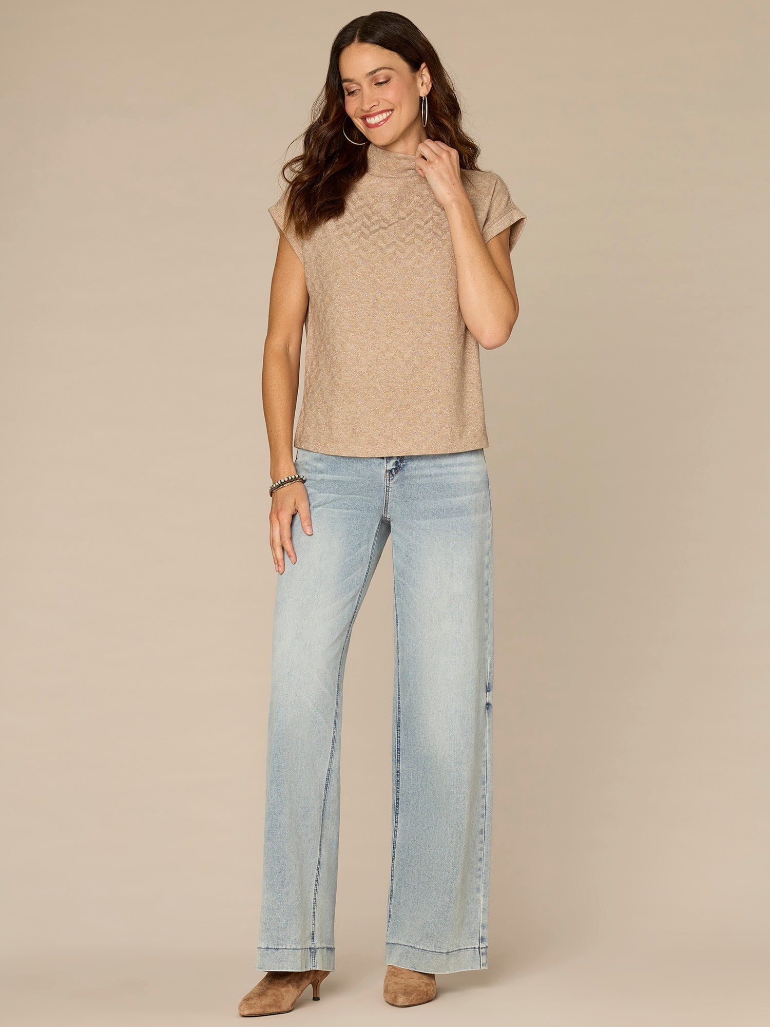 Extended Cap Sleeve Mock Neck Slit Hem Mixed Media Knit Top