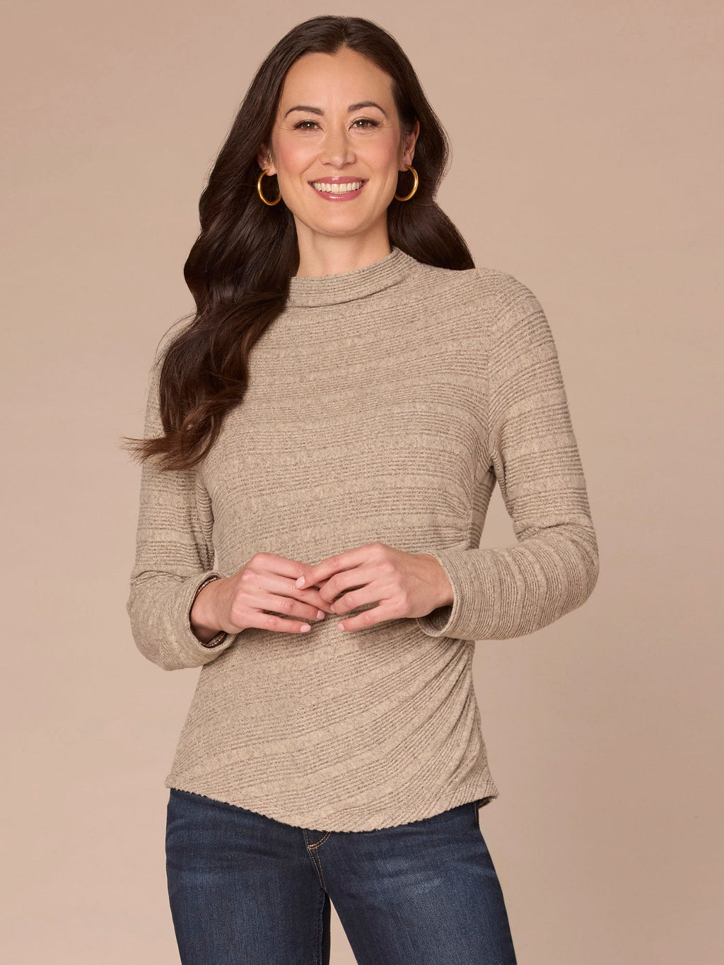 Long Sleeve Mock Neck Asymmetrical Side Ruching Knit Top