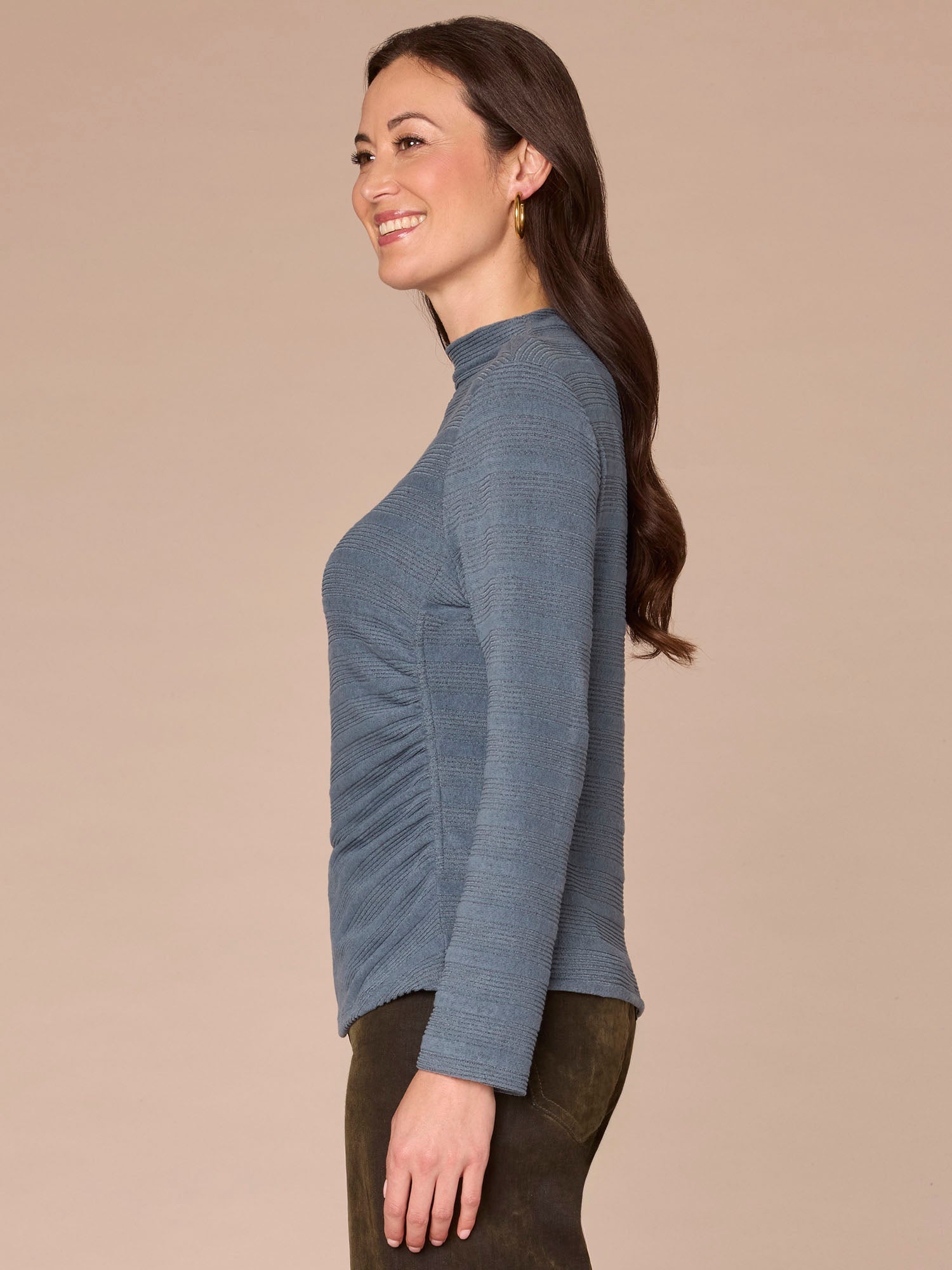Long Sleeve Mock Neck Asymmetrical Side Ruching Knit Top